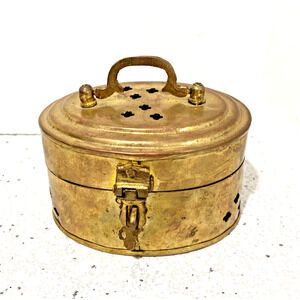Miniature Brass Cricket Box Top Handle Pierced Metal Oval Hinged Lid Decorative